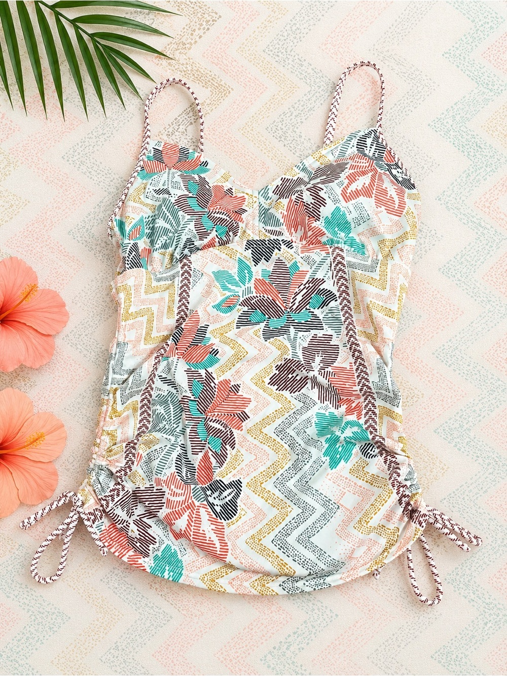 prAna Multicolor Floral Ruched Side Tankini Swim Top Size S
